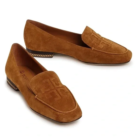Tory Burch Camel Brown Suede Leather Ruby 15mm Loafer Flat Shoes - Picture 1 of 14